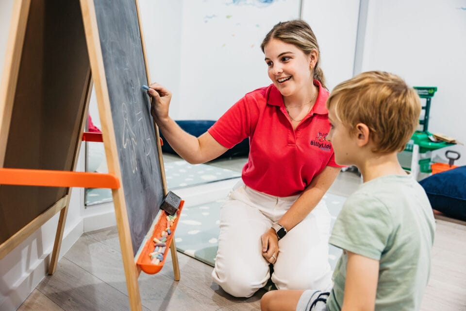 Understanding Expressive Language in Children 1 A speech therapist and child with a whiteboard